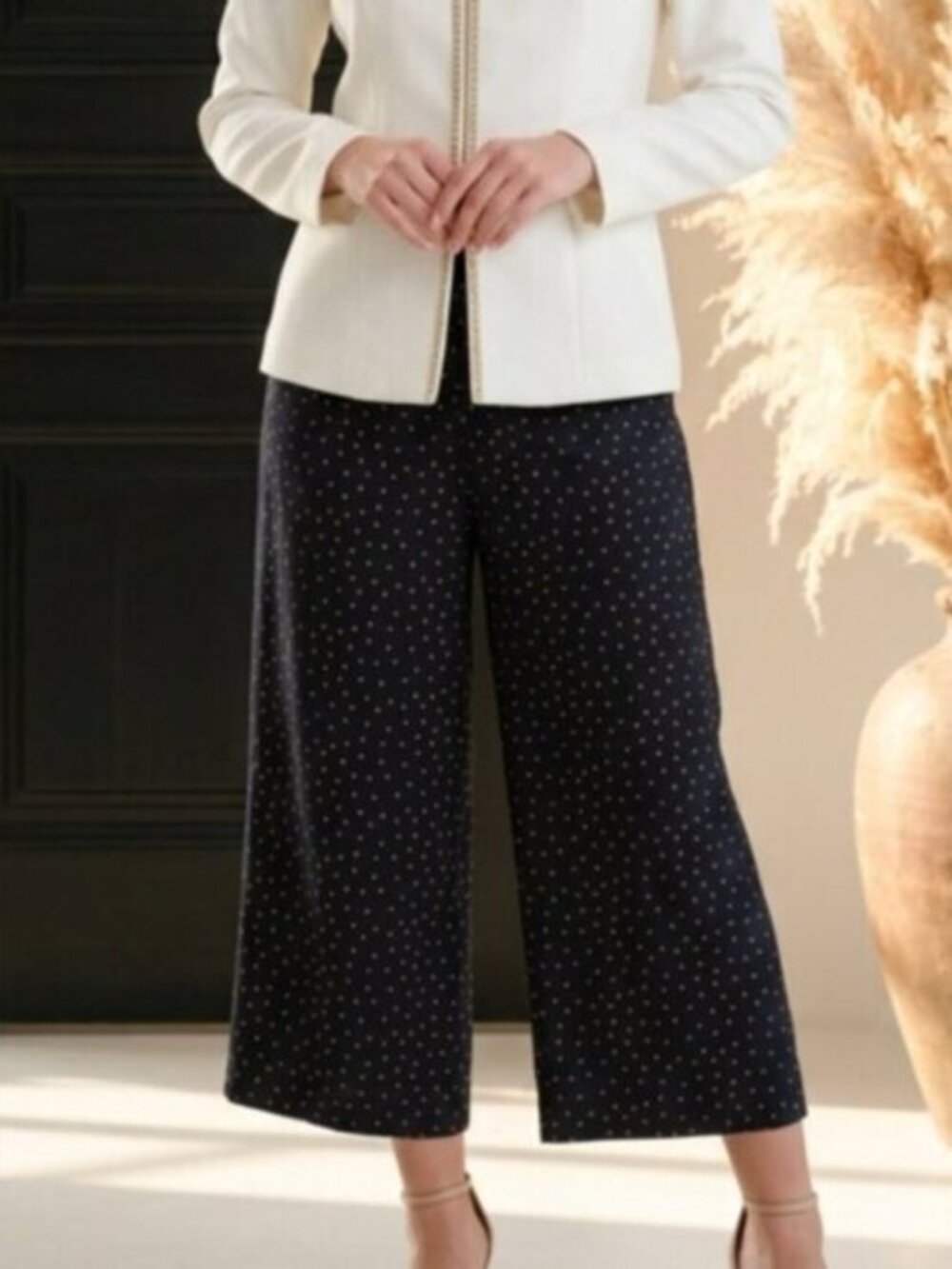 J. Jill Wearever Pull On Wide Leg Crop Pants Black W/Peach Polka Dots SZ M
